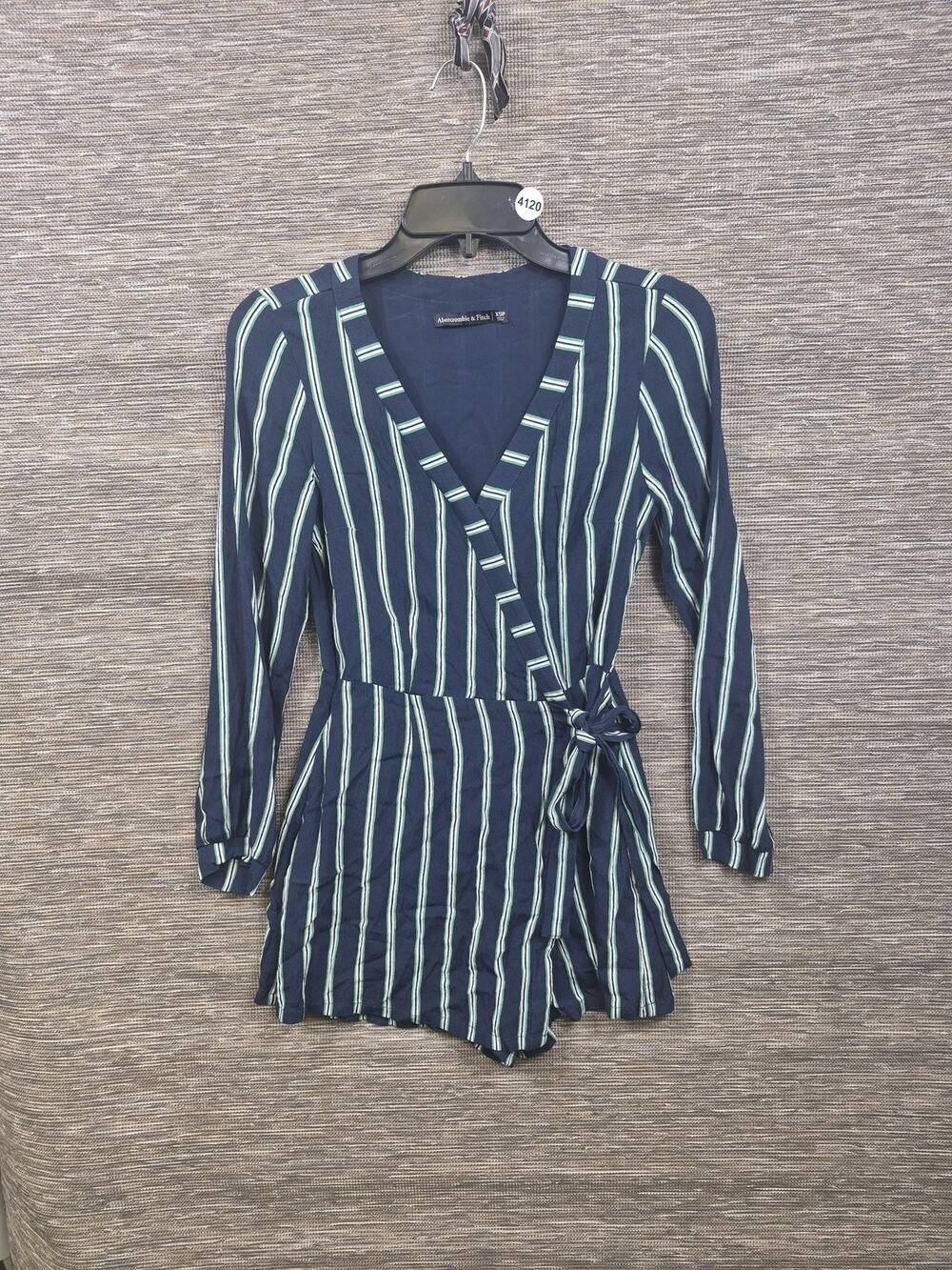Abercrombie & Fitch Romper Womens PXS Blue Stripe Long Sleeve Tie Waist V Neck